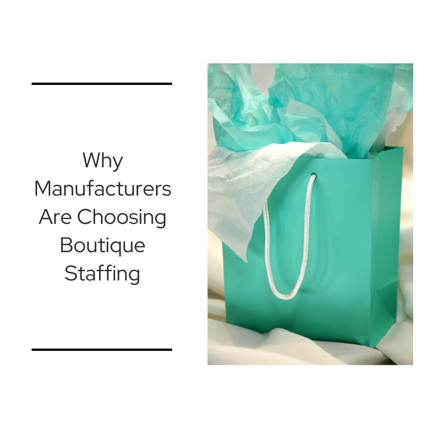 Visual representation of boutique staffing using a teal gift bag, symbolizing customized staffing solutions for manufacturers. Image supports blog titled 'Why Manufacturers Are Choosing Boutique Staffing'