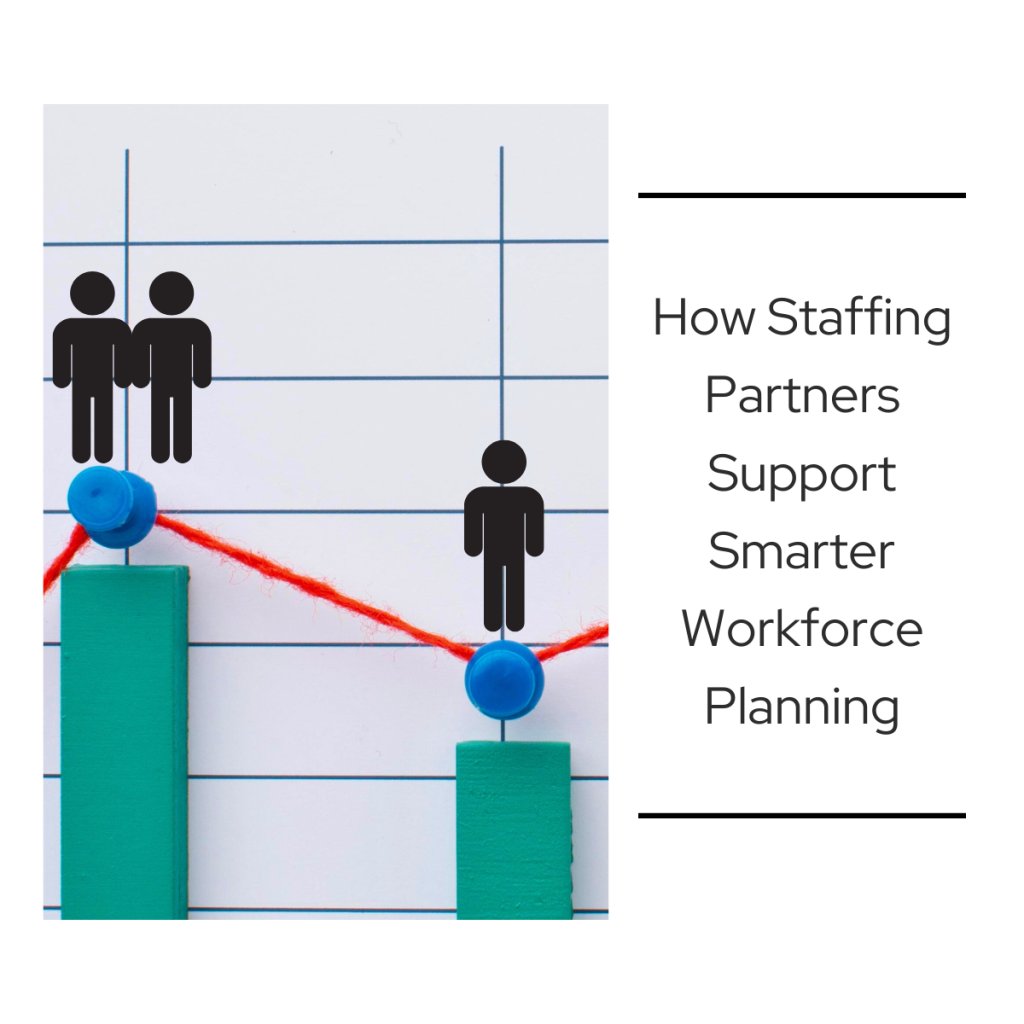 Workforce planning graphic showing people icons connected by a line across a chart, representing how staffing partners support smarter workforce planning and flexible labor strategies.