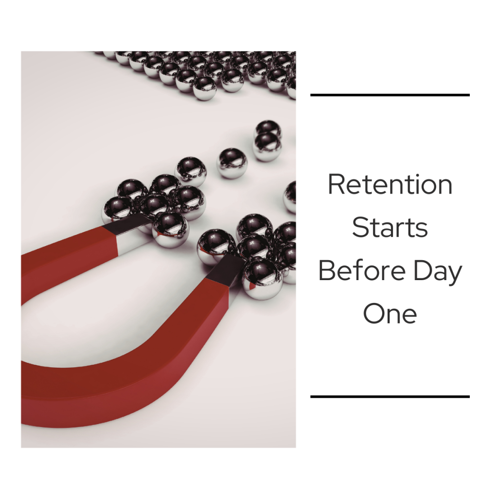 Red magnet pulling metal spheres toward it, symbolizing attracting and retaining employees before their first day of work.