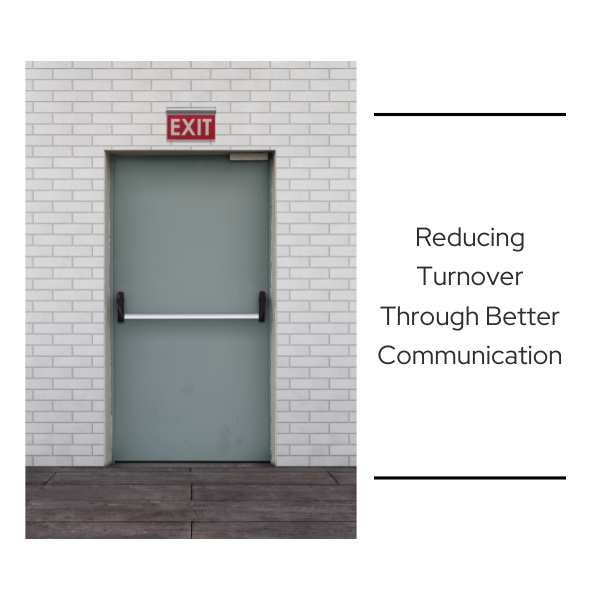 Gray industrial exit door with red EXIT sign above it, symbolizing employee turnover and the importance of better communication in the workplace.