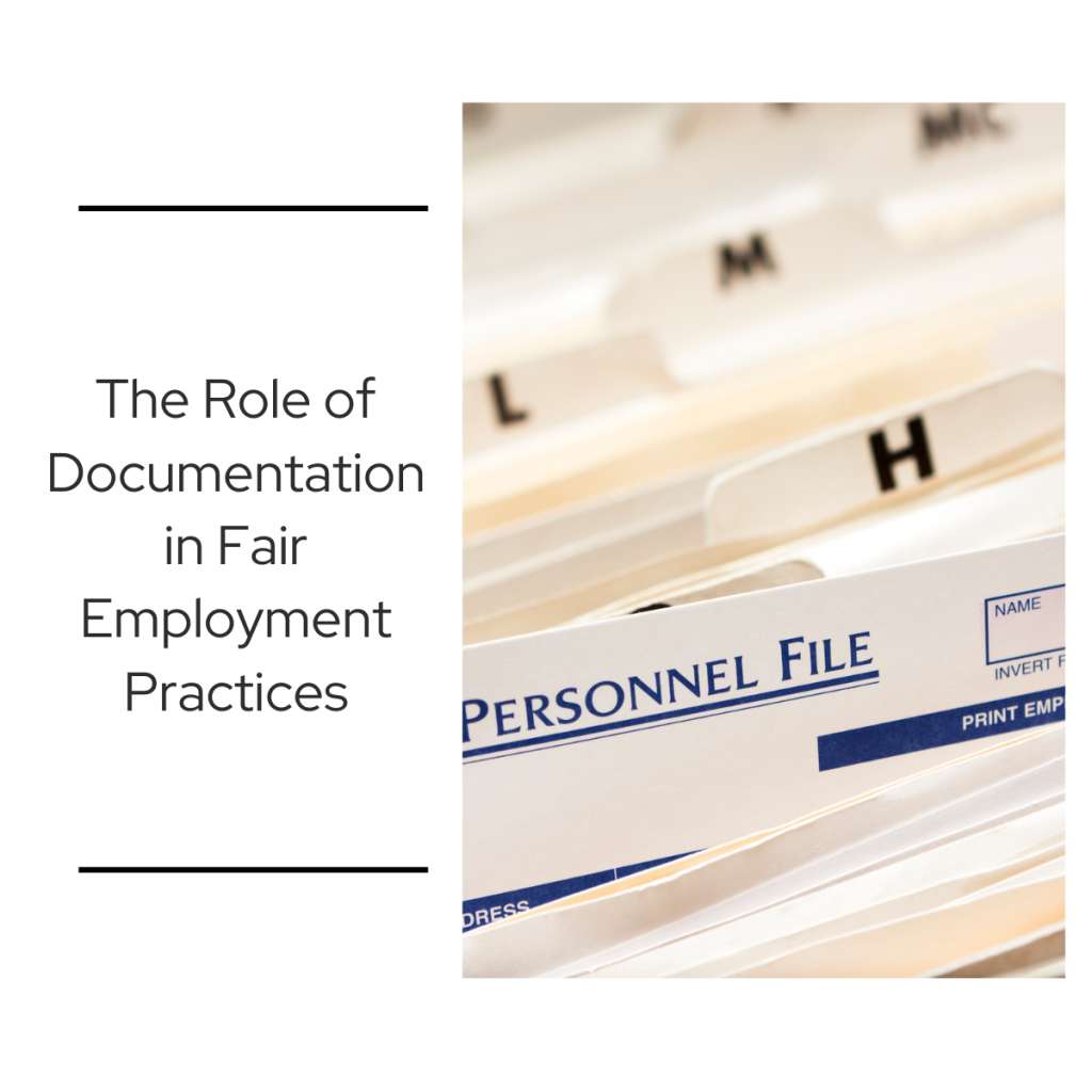 Filing folders with labeled tabs and a personnel file folder in the foreground, representing employment recordkeeping and documentation practices in the workplace.