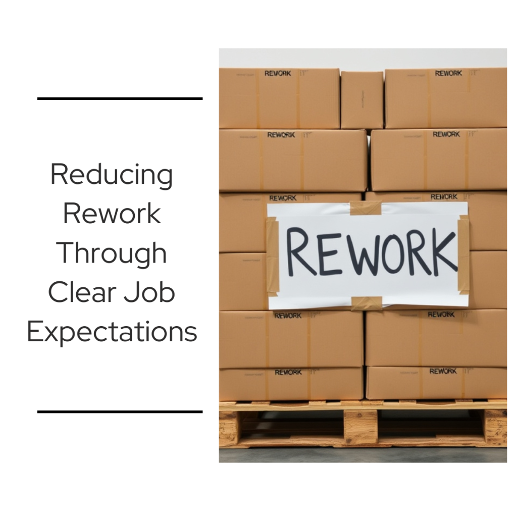 A pallet stacked with cardboard boxes labeled "REWORK" in a warehouse, with a large handwritten rework sign taped to the front.