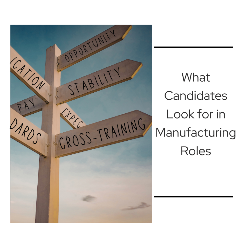 A directional sign post with multiple arrow-shaped signs pointing in different directions, each labeled with words representing what job candidates value: opportunity, stability, pay, cross-training, expectations, and standards, set against a blue sky background.