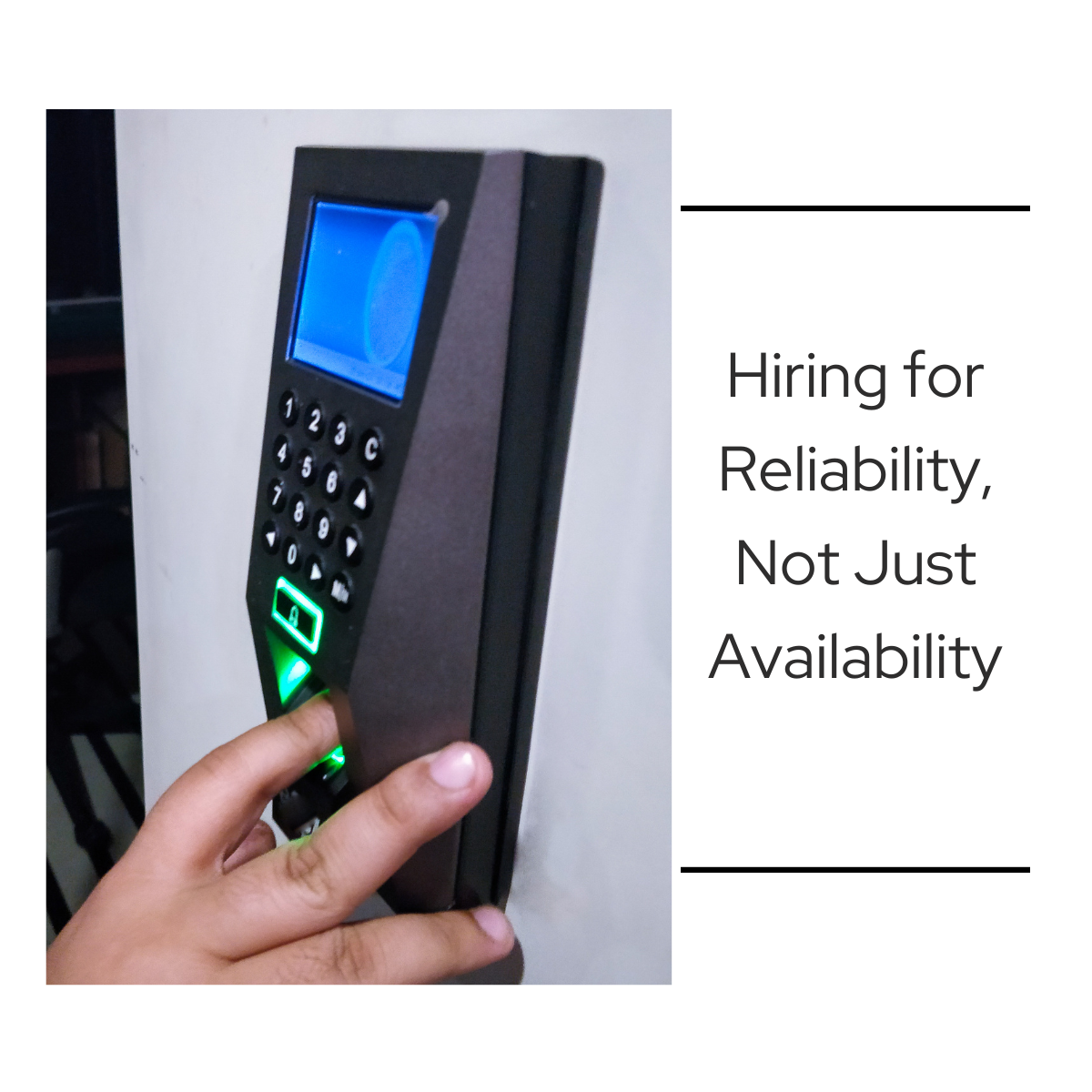 A hand pressing a finger to a biometric fingerprint scanner on a black keypad access control device.