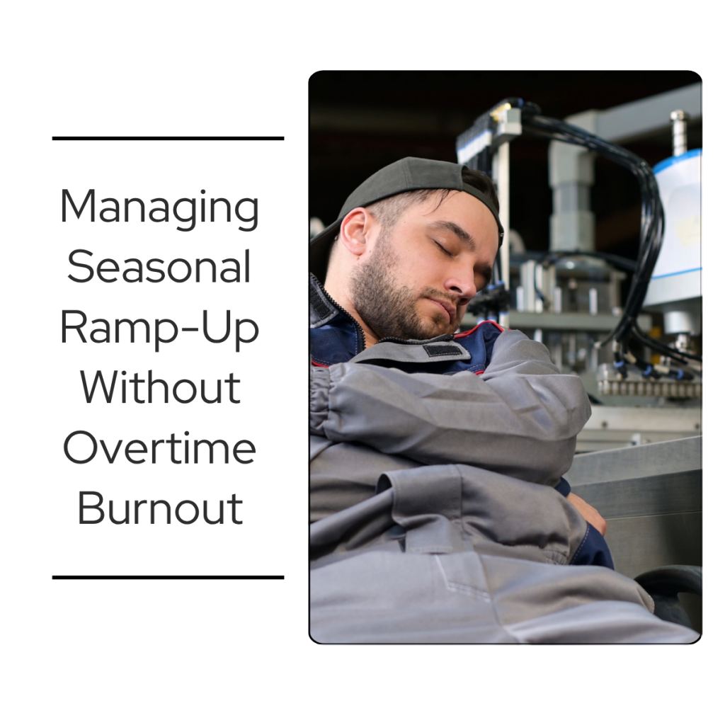 Manufacturing worker asleep at his station from overtime burnout during seasonal ramp-up