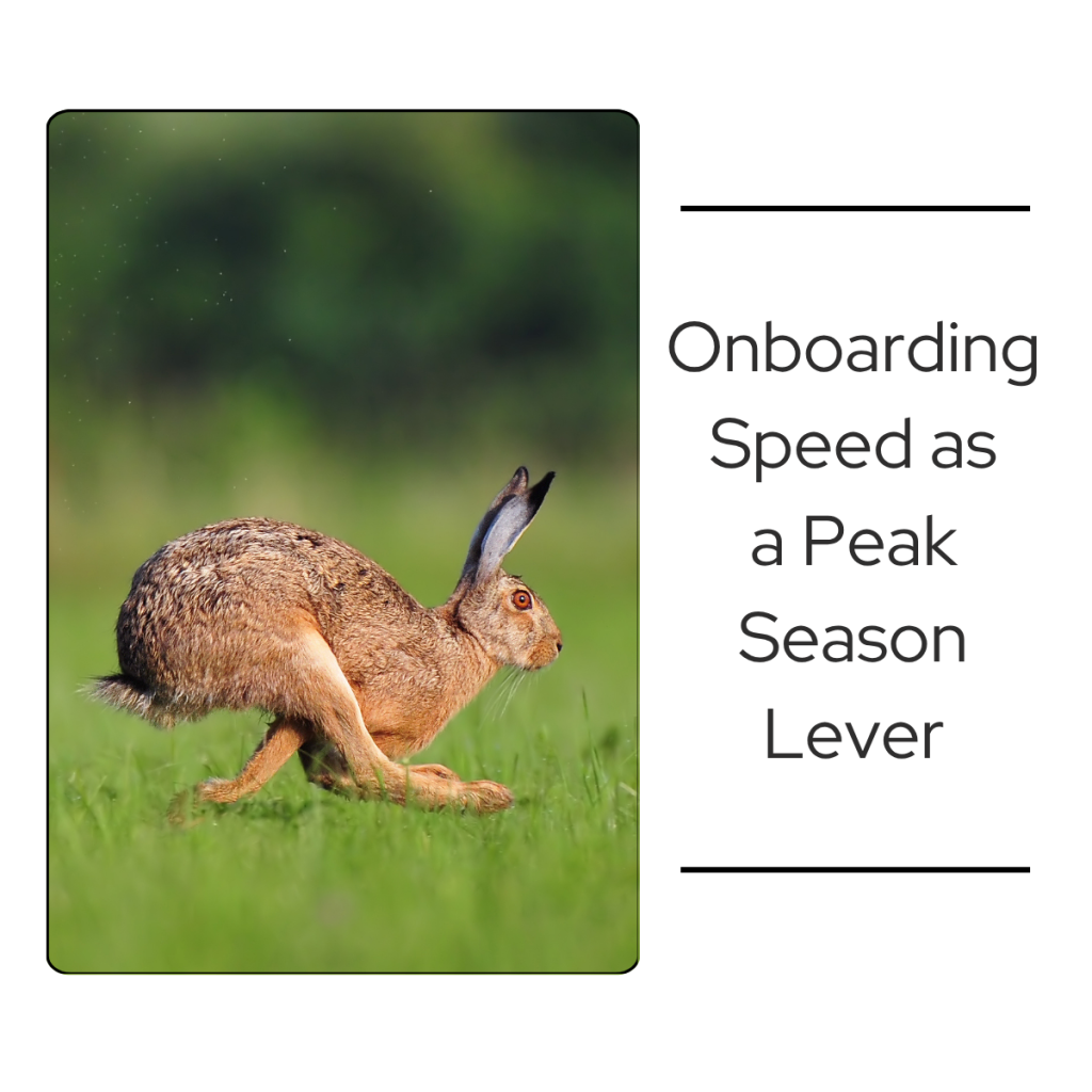Hare running through grass, symbolizing fast onboarding speed during peak season hiring