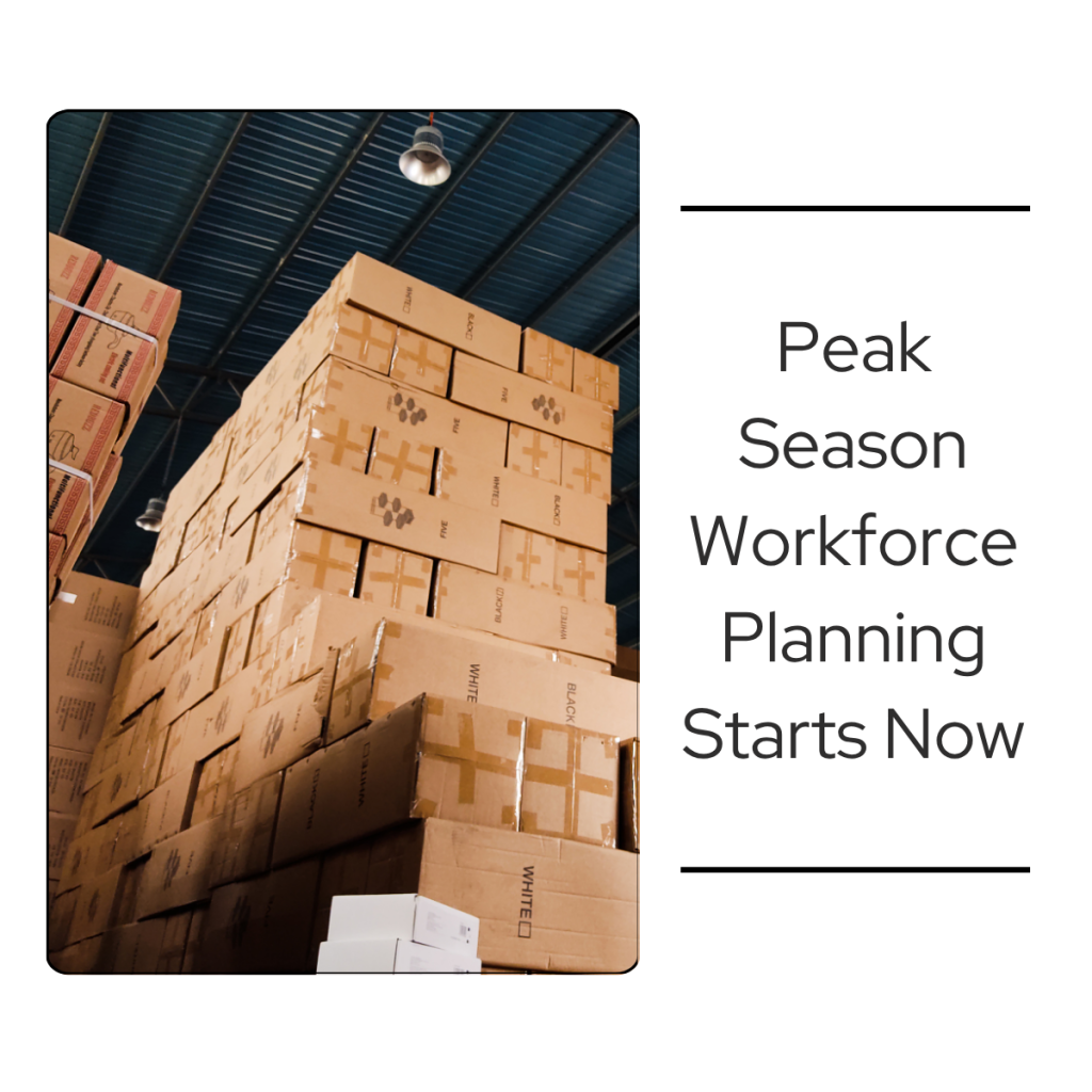 Stacked cardboard boxes in a warehouse with text reading Peak Season Workforce Planning Starts Now